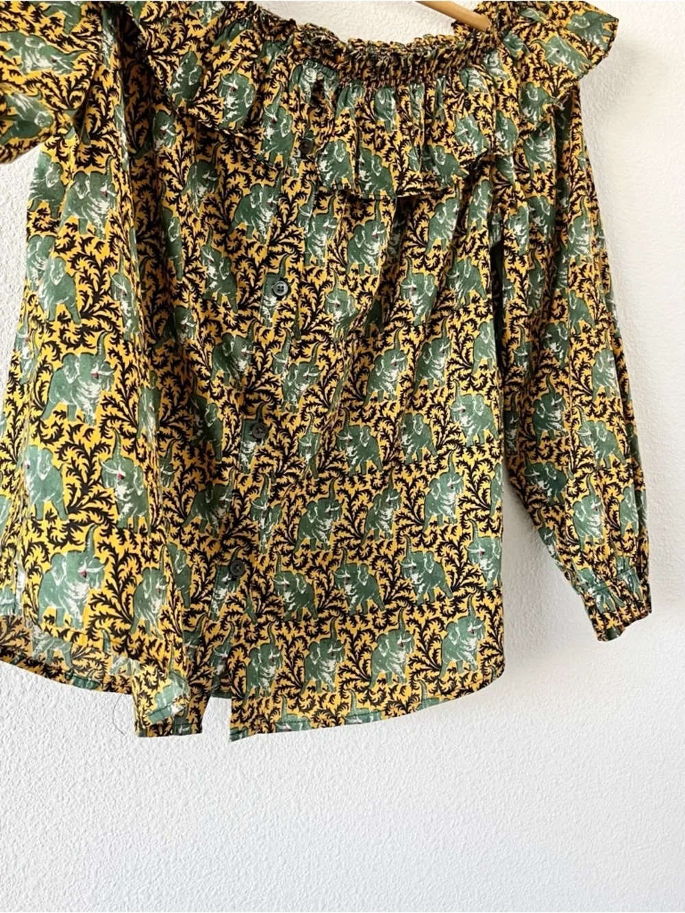 J.Crew Ratti Elephant Print Boho Peasant Blouse Green Gold Off Shoulder Top